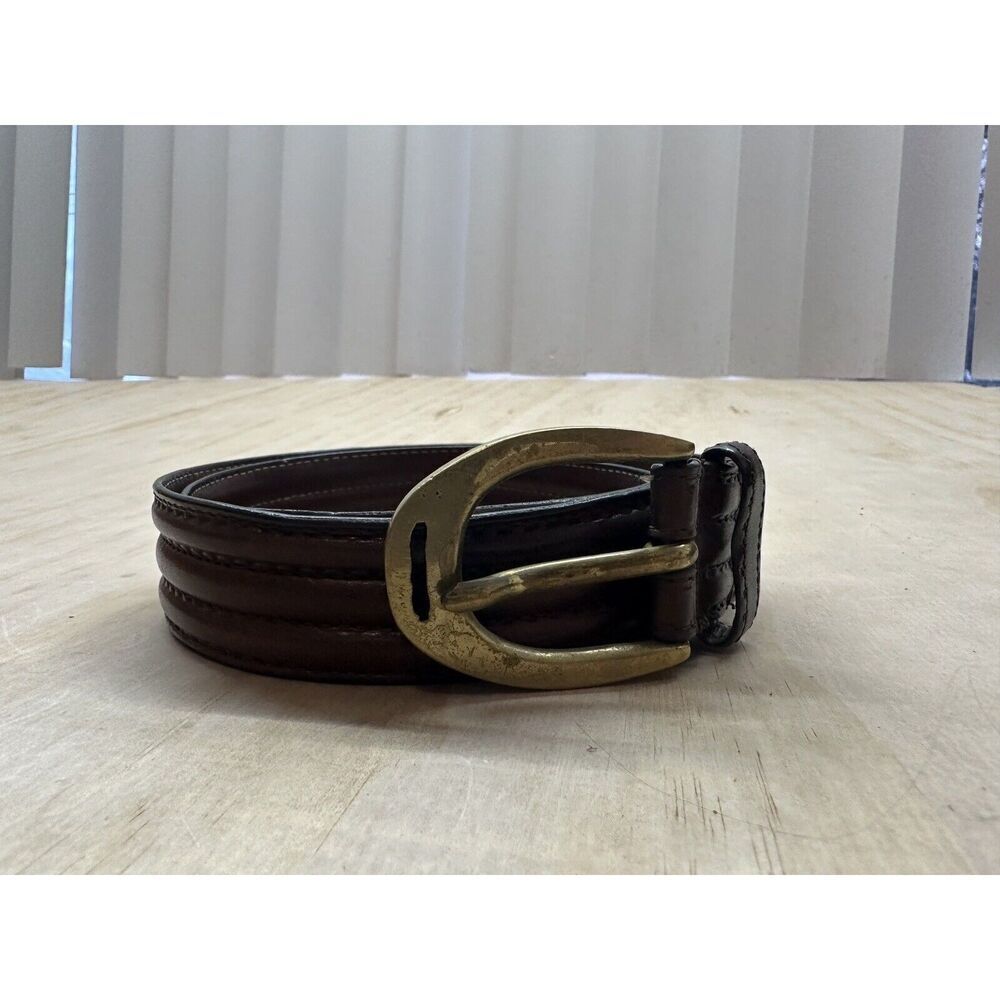 Brown Leather Belt Stamped “Italy” On Brass Buckle Medium M‎ 34”
